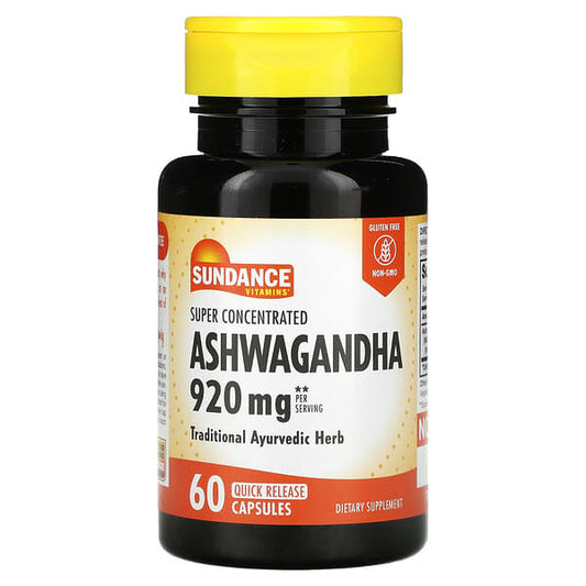 Supplement bottle of Ashwagandha by Sundance Vitamins on a white background