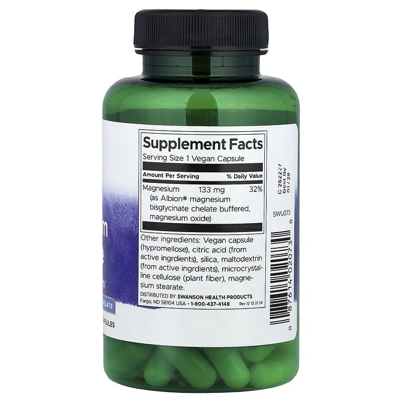 Swanson Albion Magnesium Glycinate supplement bottle on a white background