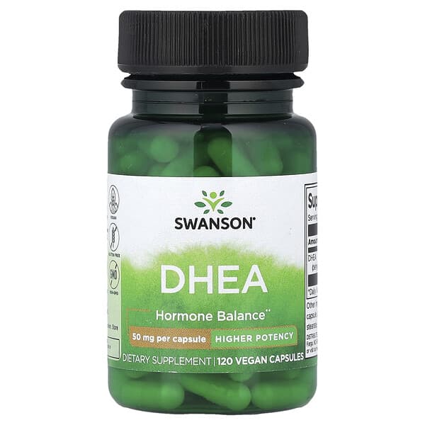 Swanson DHEA supplement bottle on a white background