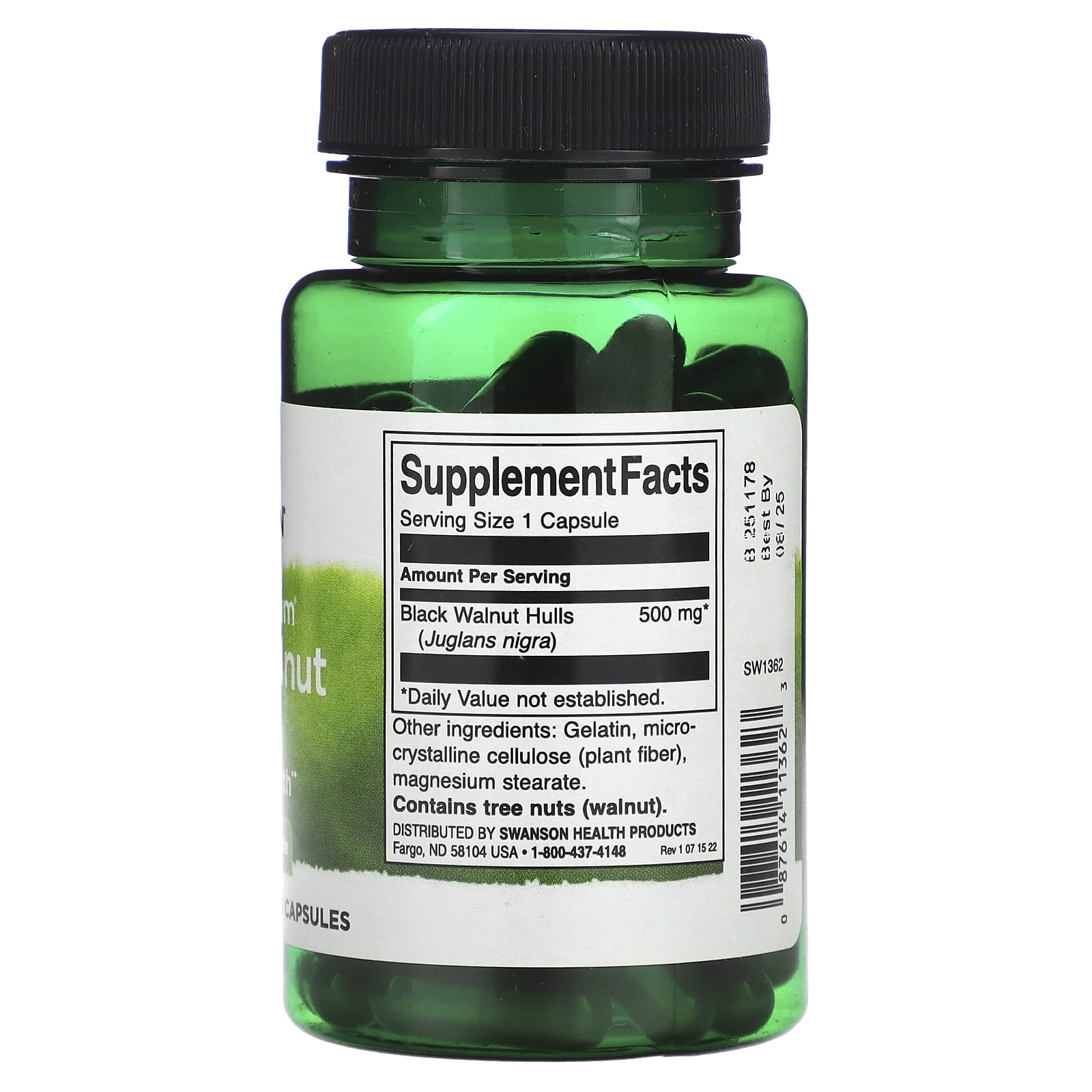 Green supplement bottle with black cap on a white background