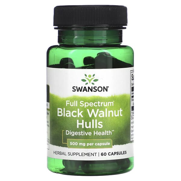 Swanson Full Spectrum Black Walnut Hulls supplement bottle on a white background