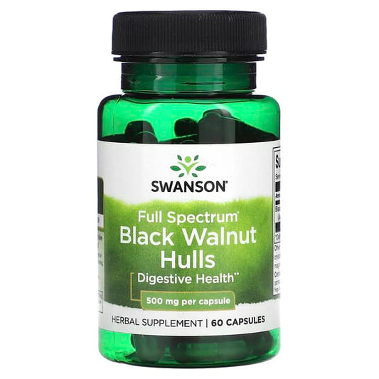 Swanson Full Spectrum Black Walnut Hulls supplement bottle on a white background
