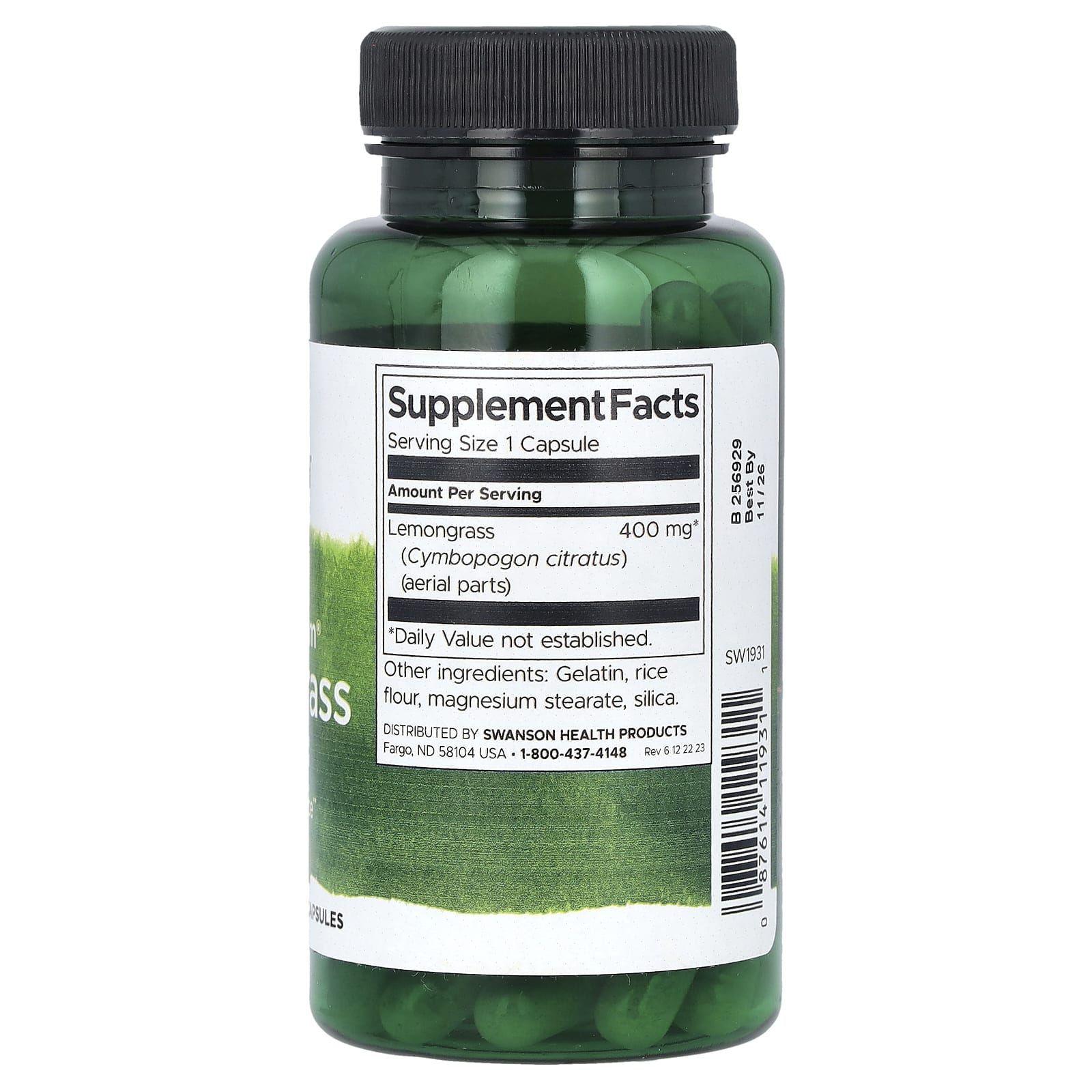 Green supplement bottle with label on a white background