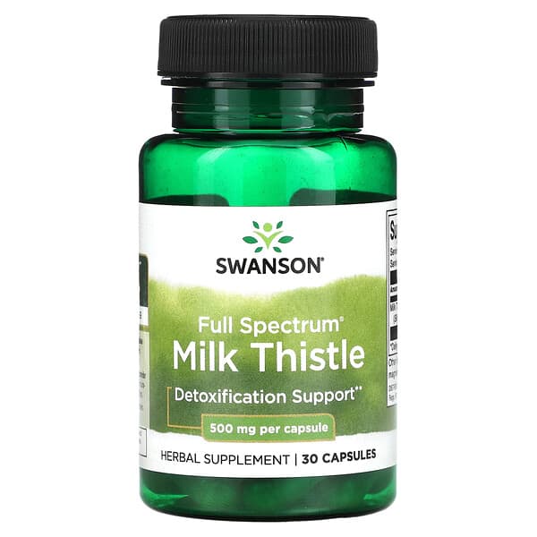 Swanson Full Spectrum Milk Thistle supplement bottle on a white background