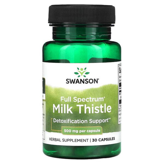 Swanson Full Spectrum Milk Thistle supplement bottle on a white background