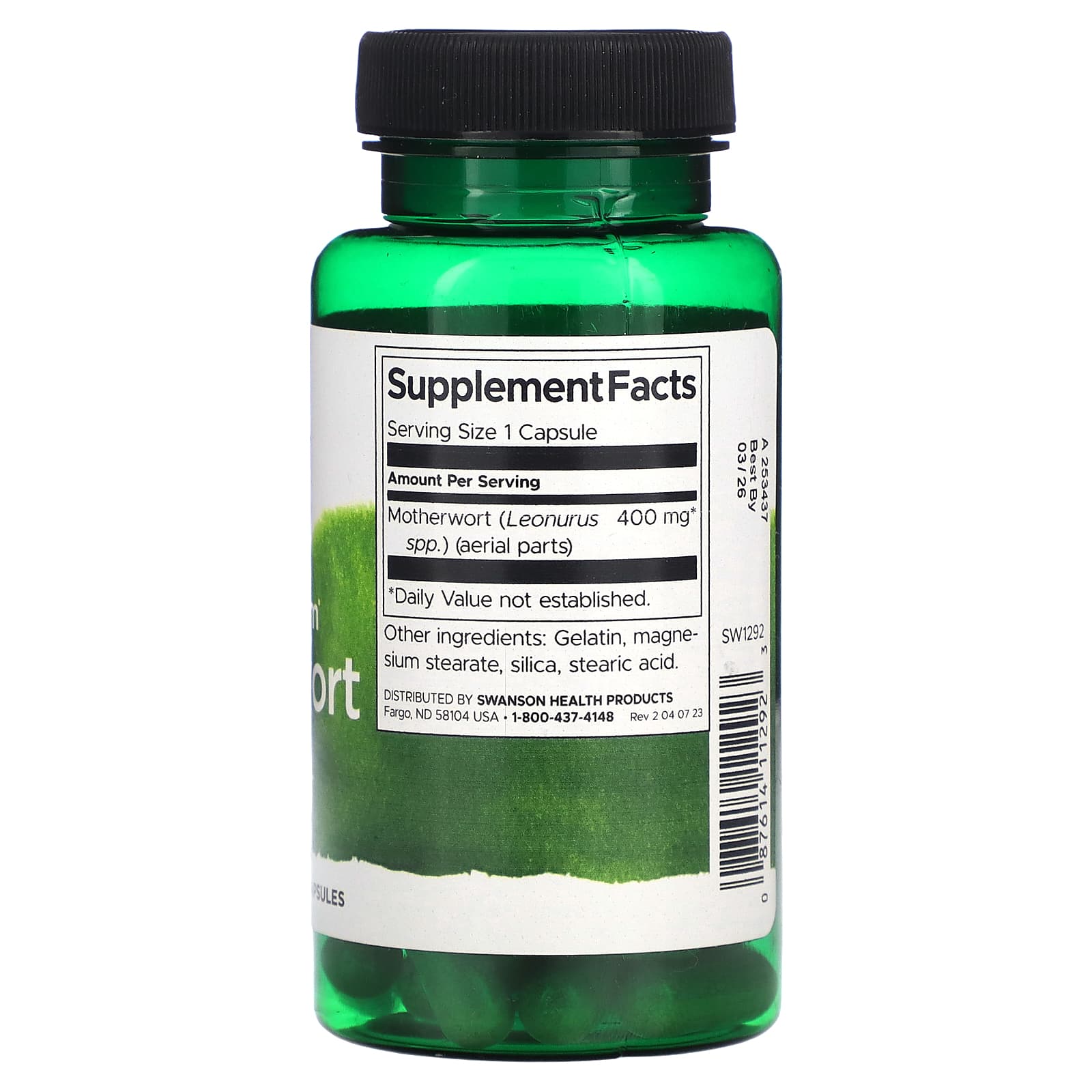 Green supplement bottle with label on a white background