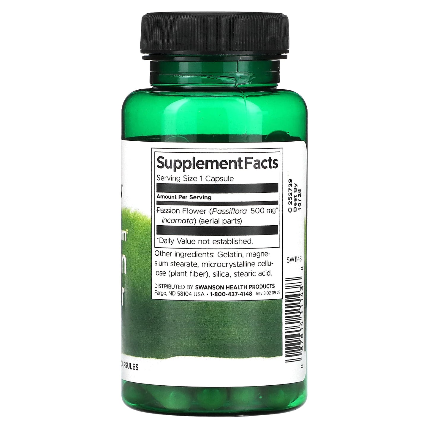 Green supplement bottle with label on a white background