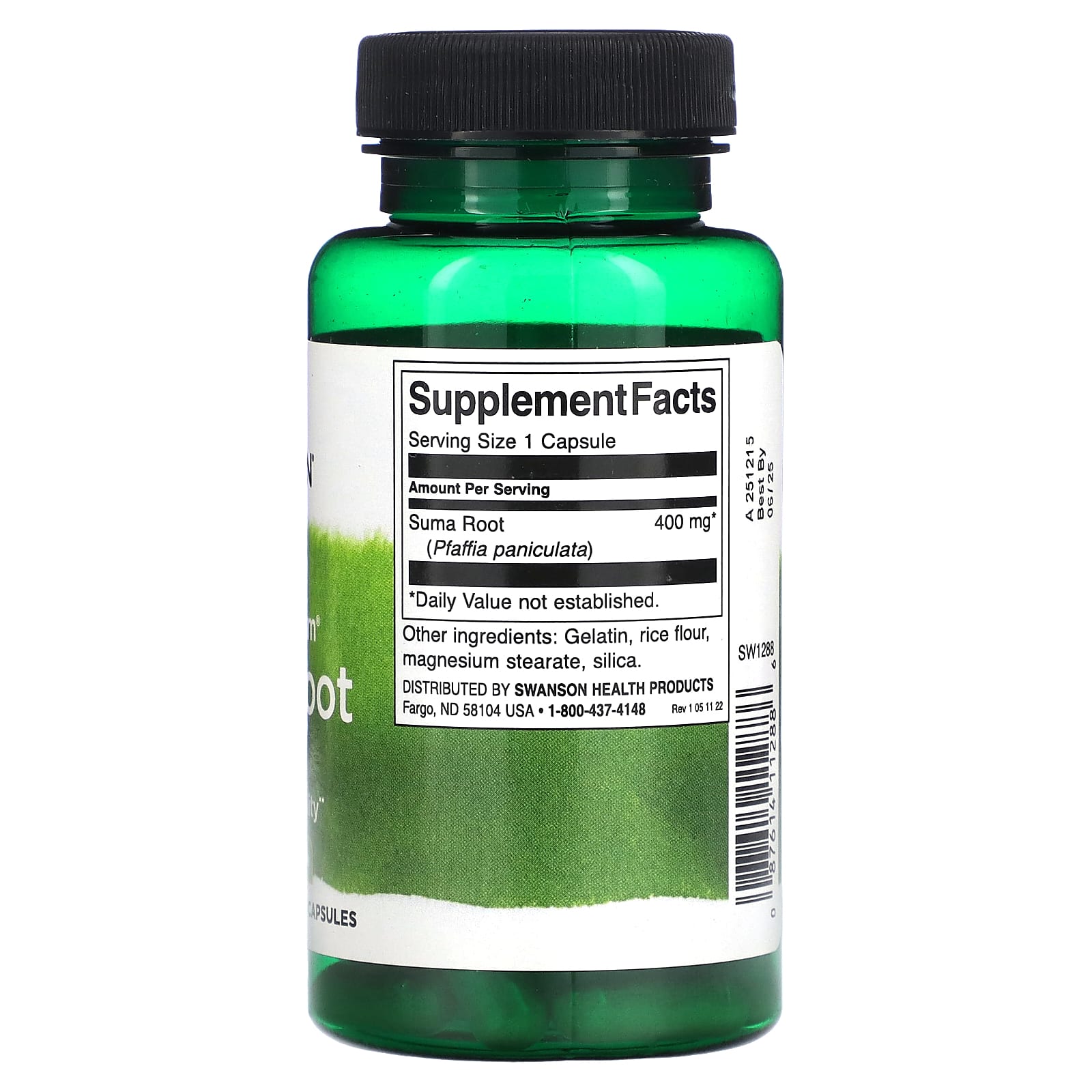 Green supplement bottle with label on a white background