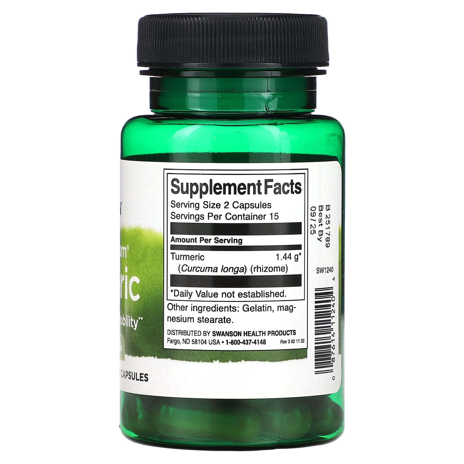 Green supplement bottle with label on a white background