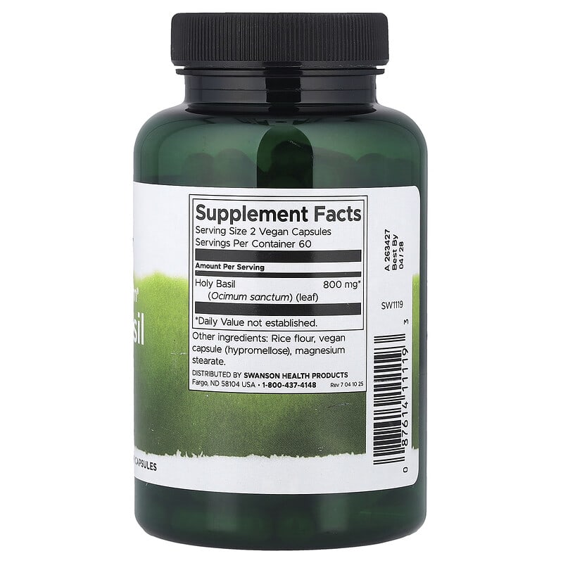 Swanson Full Spectrum Holy Basil Leaf supplement bottle on a white background