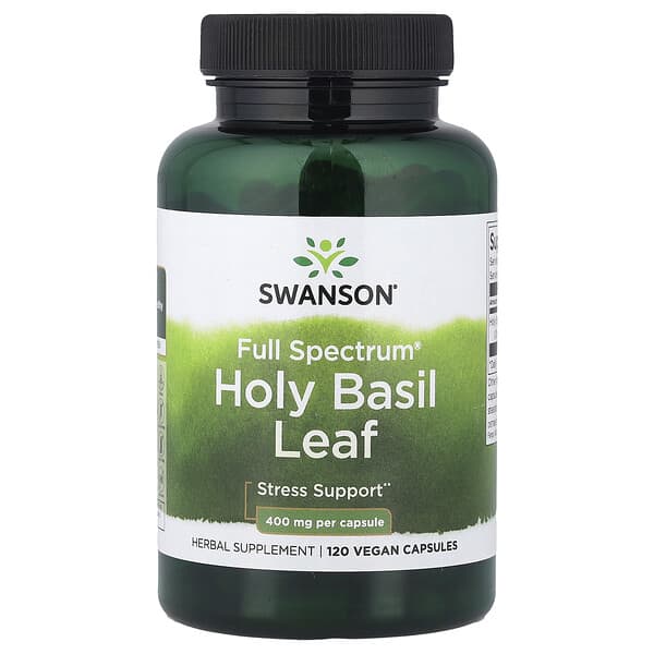Swanson Full Spectrum Holy Basil Leaf supplement bottle on a white background