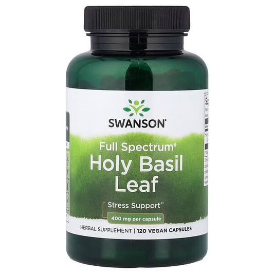 Swanson Full Spectrum Holy Basil Leaf supplement bottle on a white background