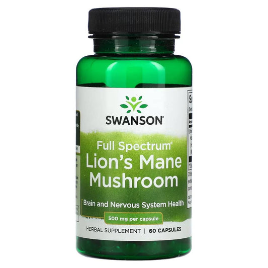 Swanson Full Spectrum Lion's Mane Mushroom supplement bottle on a white background