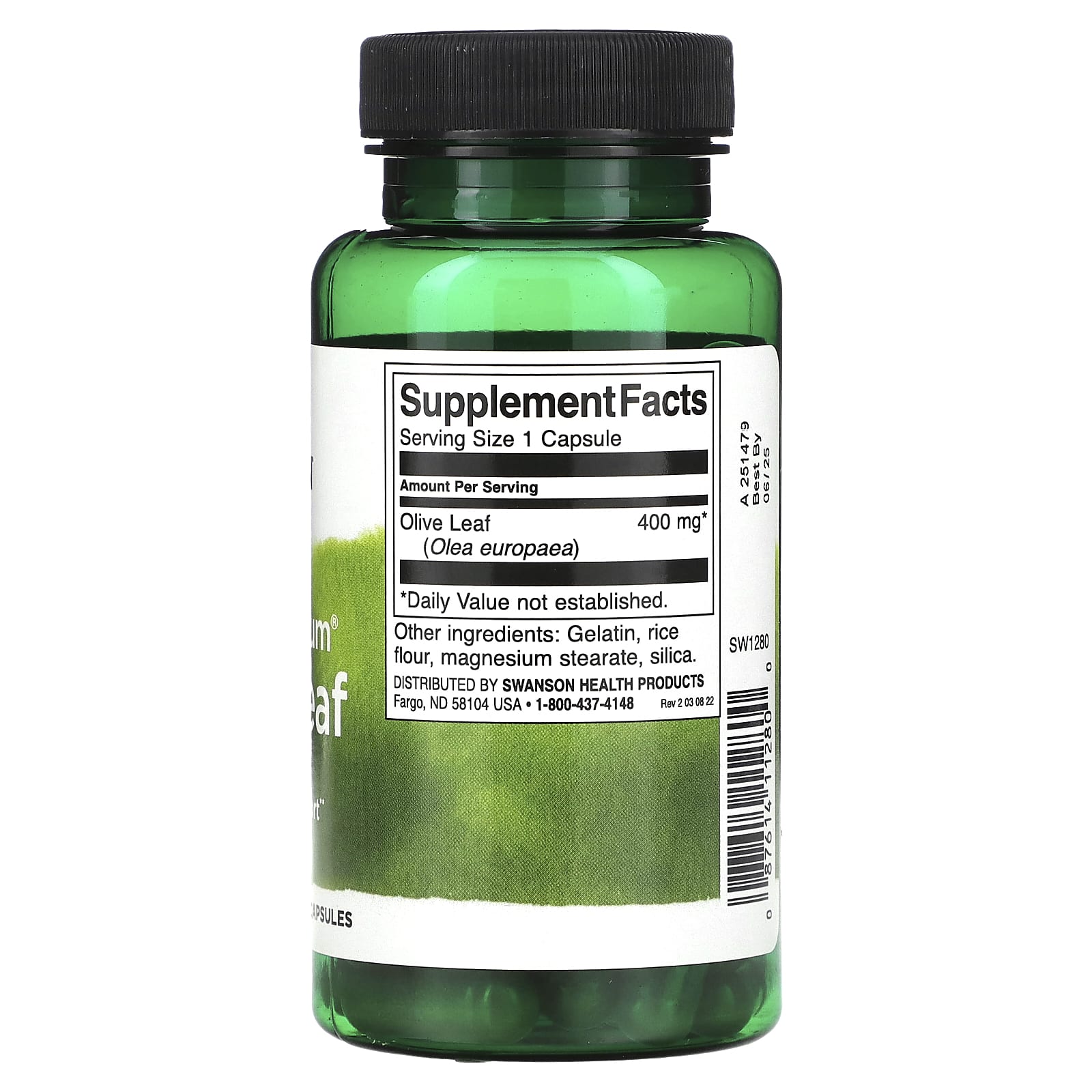 Green supplement bottle with label on a white background