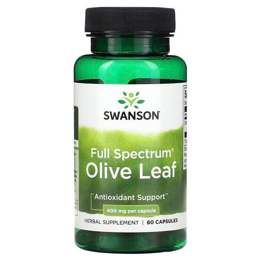 Swanson Full Spectrum Olive Leaf supplement bottle on a white background