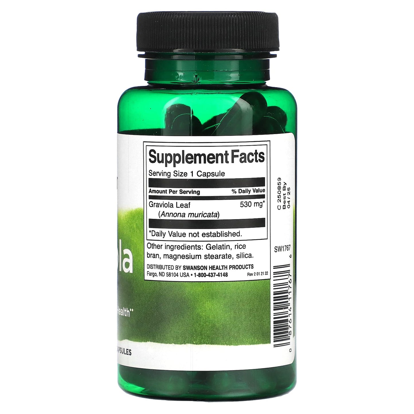 Green supplement bottle with label on a white background