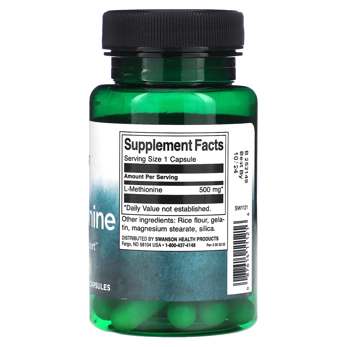 Green supplement bottle with label on a white background