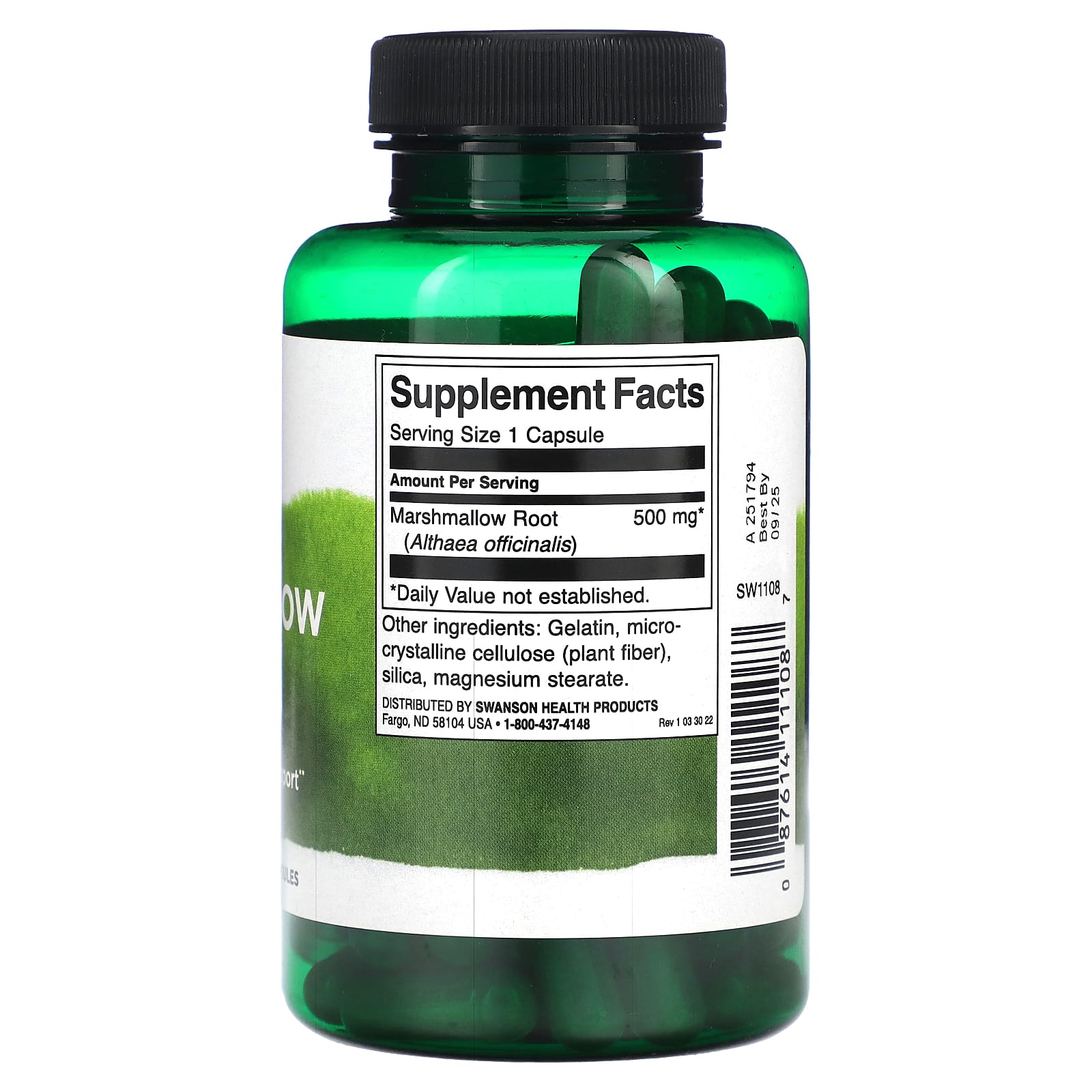 Green supplement bottle with label on a white background