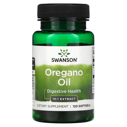 Swanson oregano oil supplement bottle on a white background