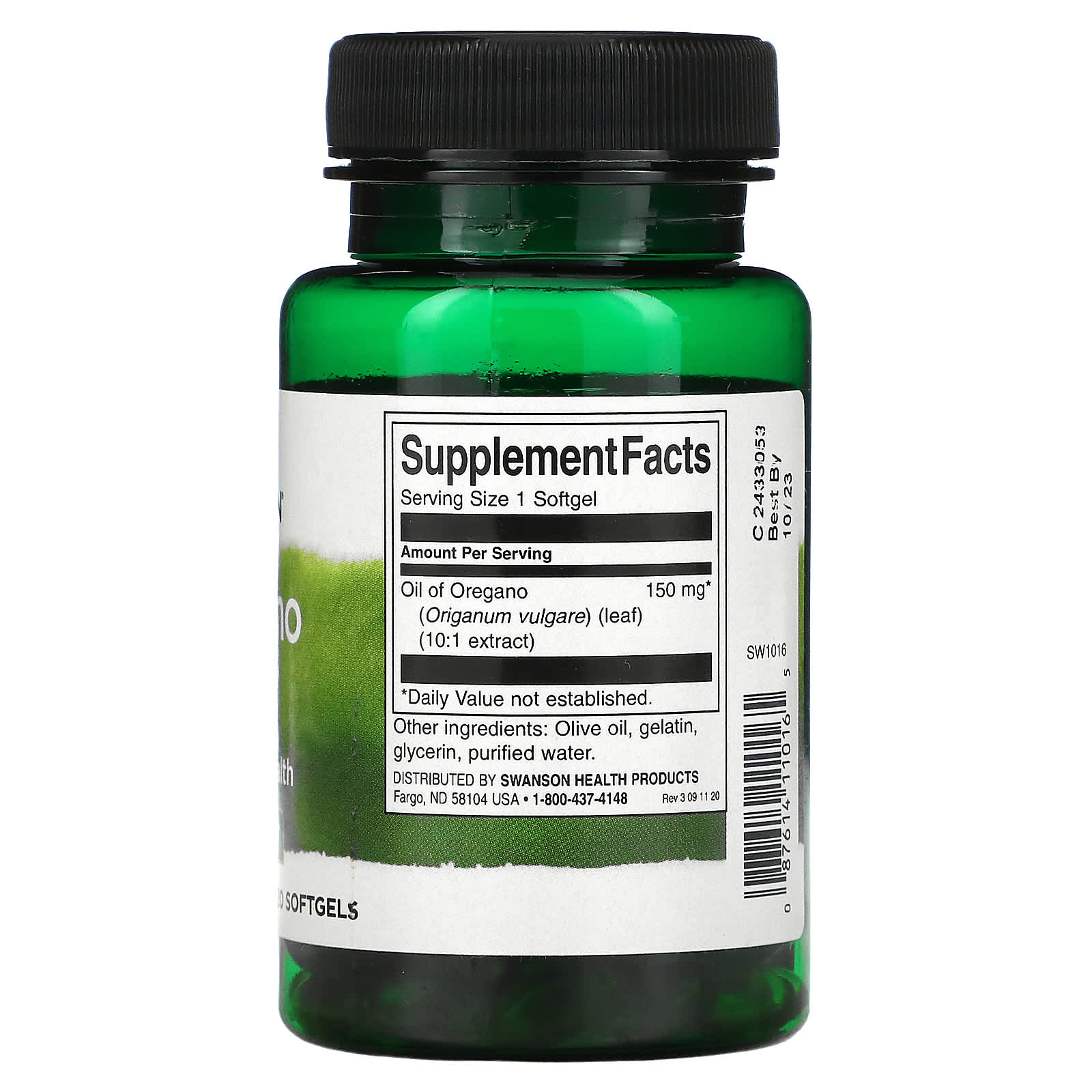 Green supplement bottle with label on a white background