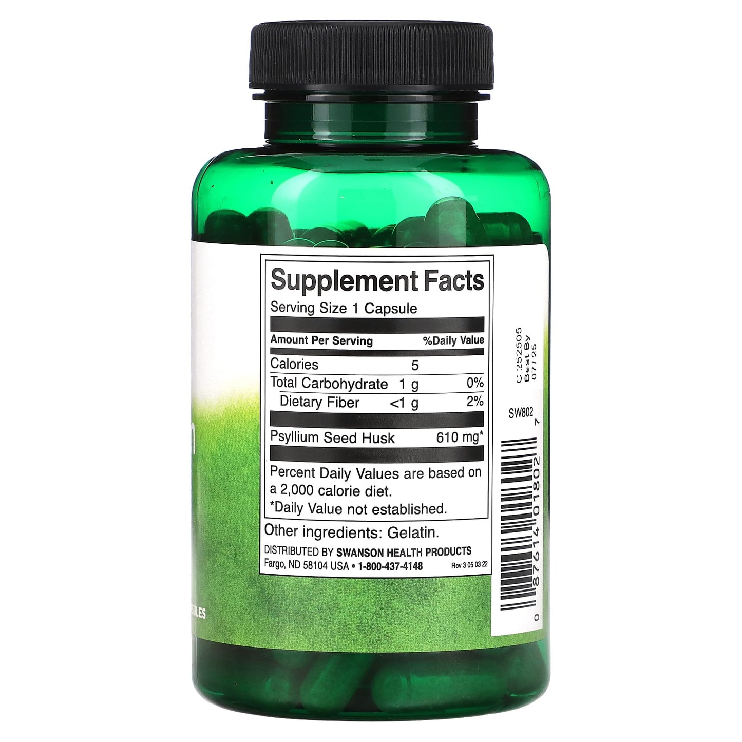 Psyllium Husks, 610 Mg, 100 Capsules Relieves Constipation