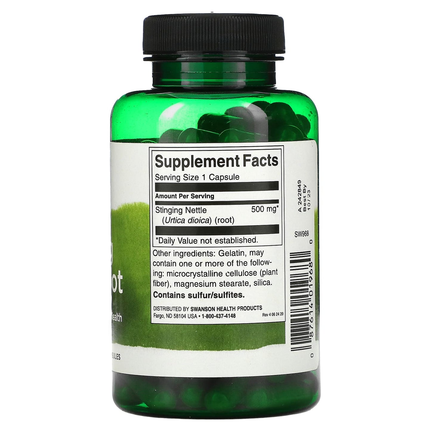 Green supplement bottle with label on a white background