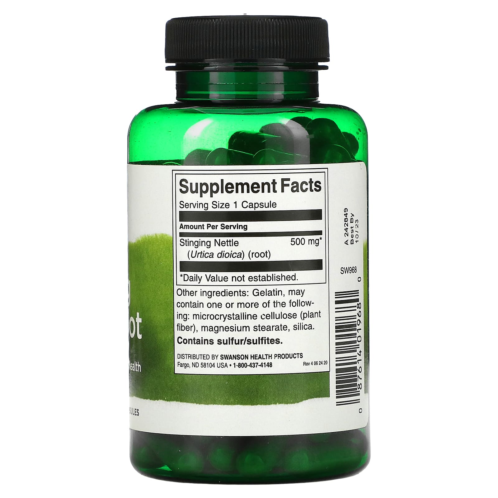 Green supplement bottle with label on a white background