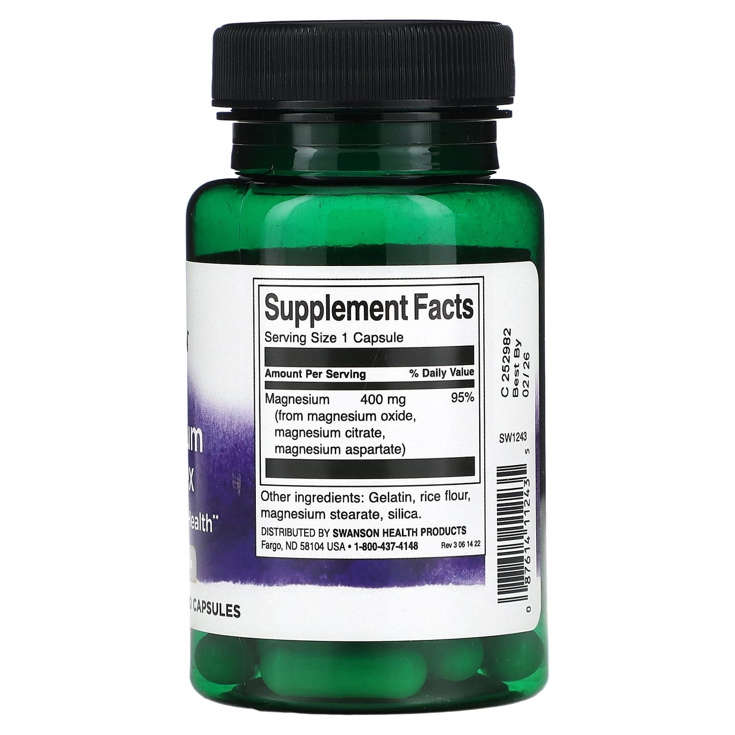 Green supplement bottle with label on a white background