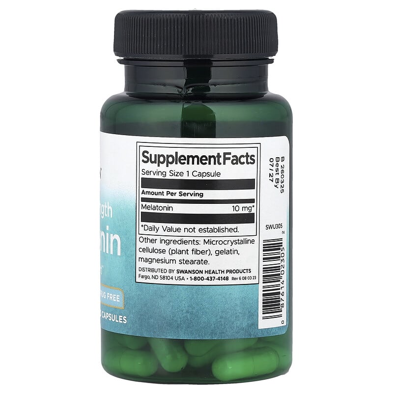 Swanson Triple Strength Melatonin supplement bottle on a white background