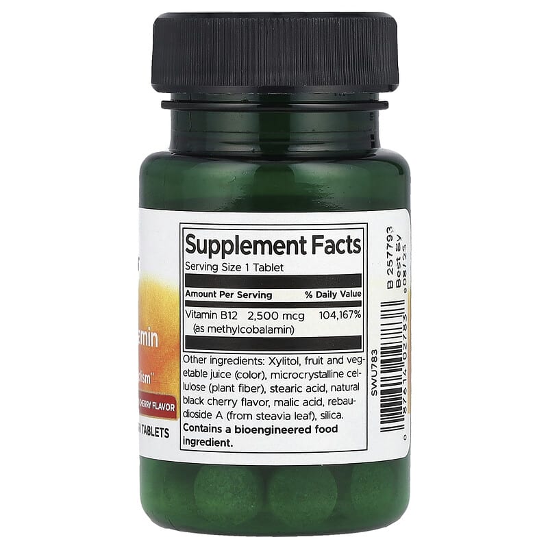 Swanson B12 Methylcobalamin supplement bottle on a white background