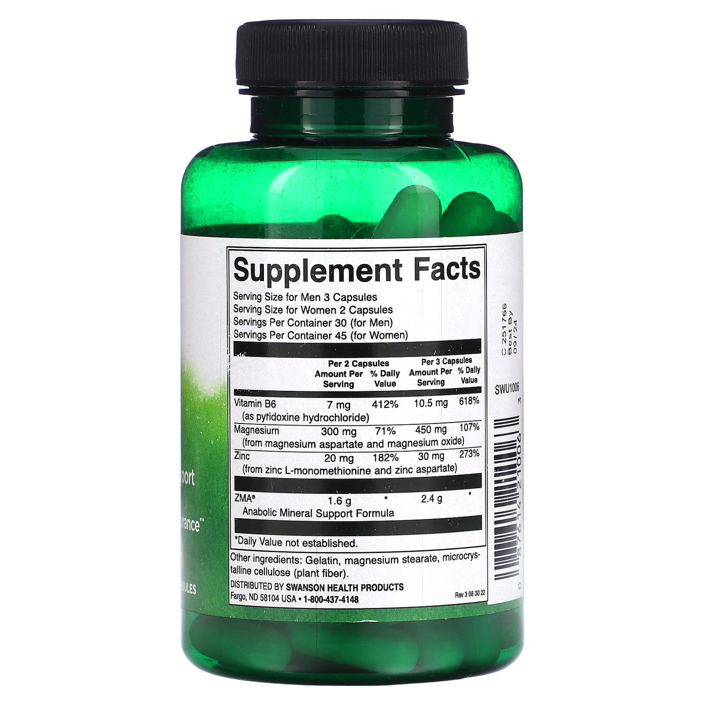 Green supplement bottle with label on a white background