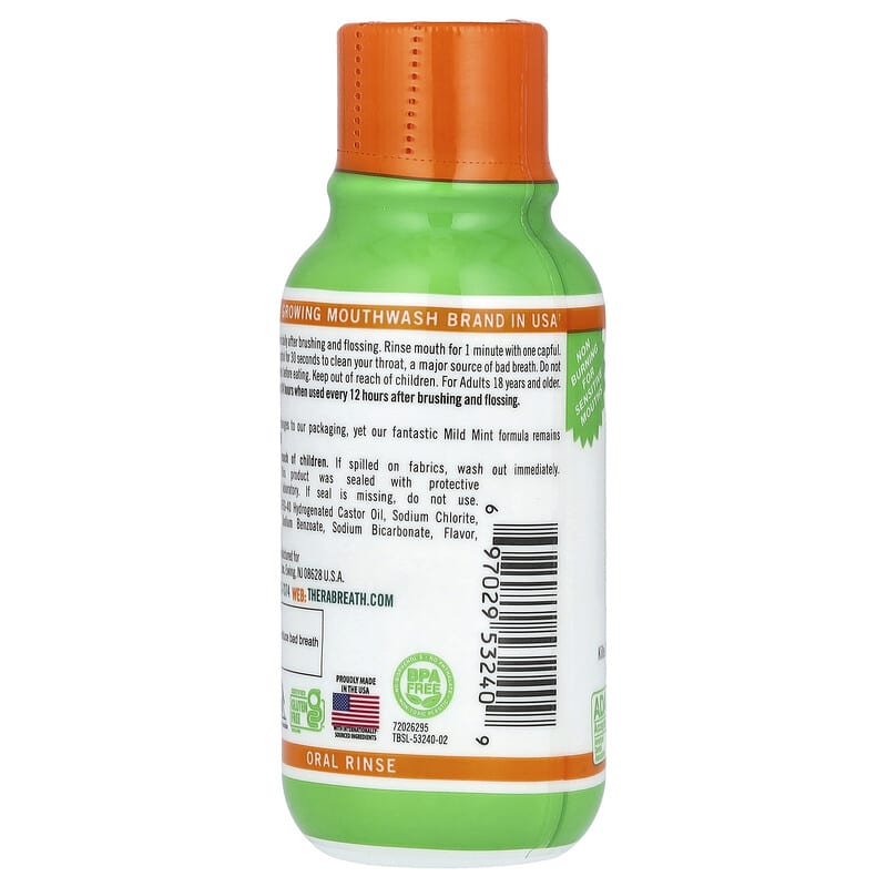 TheraBreath oral rinse bottle with green body and orange cap on a white background