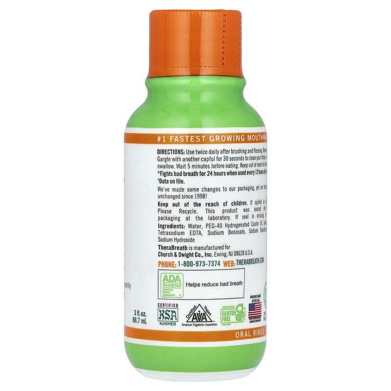 TheraBreath oral rinse bottle with green body and orange cap on a white background