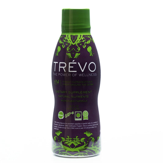 Trevo dietary supplement bottle with purple label and green accents on a white background