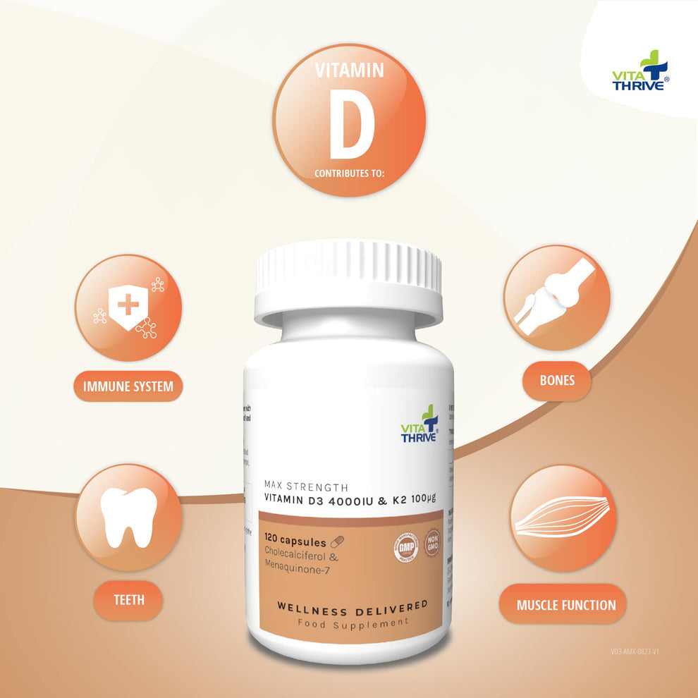 Vitamin D supplement bottle with health benefits on a beige background