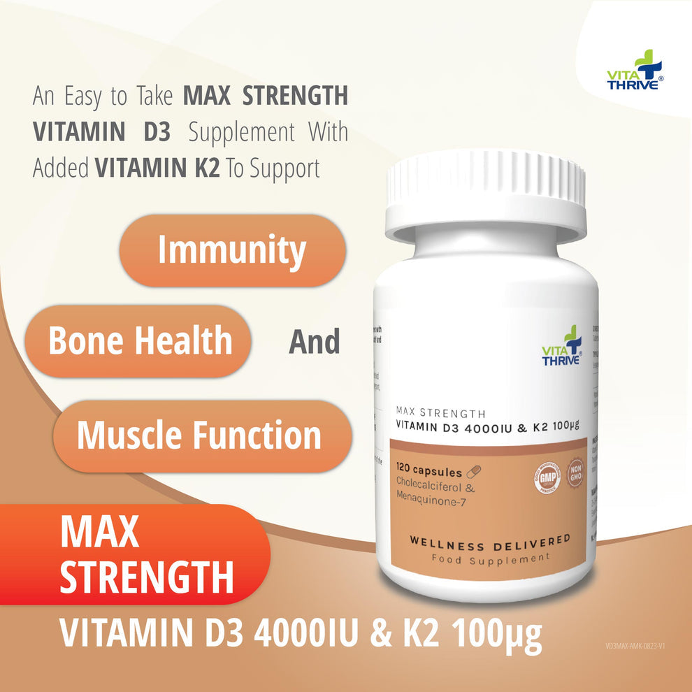 Vita Thrive vitamin supplement bottle with text highlighting benefits on a beige background