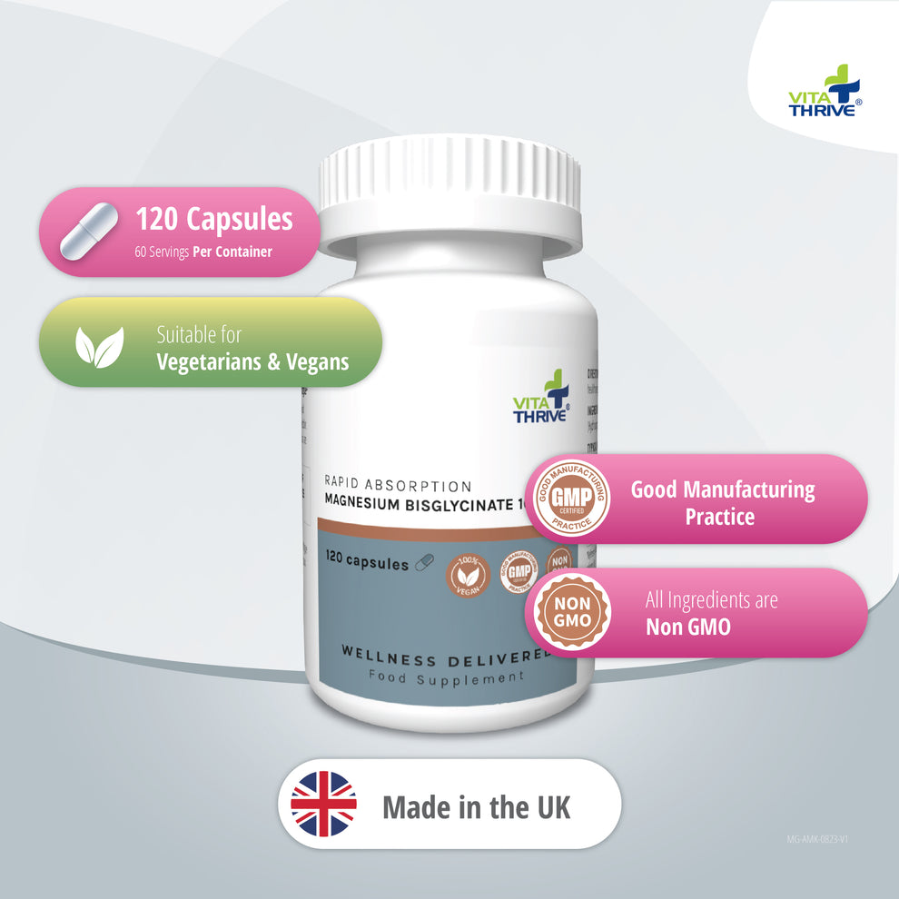 Vita Thrive magnesium supplement bottle with label details on a light gray background