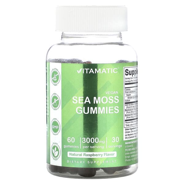 Vitamatic, Vegan Sea Moss Gummies, Natural Raspberry, 3,000 mg, 60 Gummies (1,500 mg per Gummy