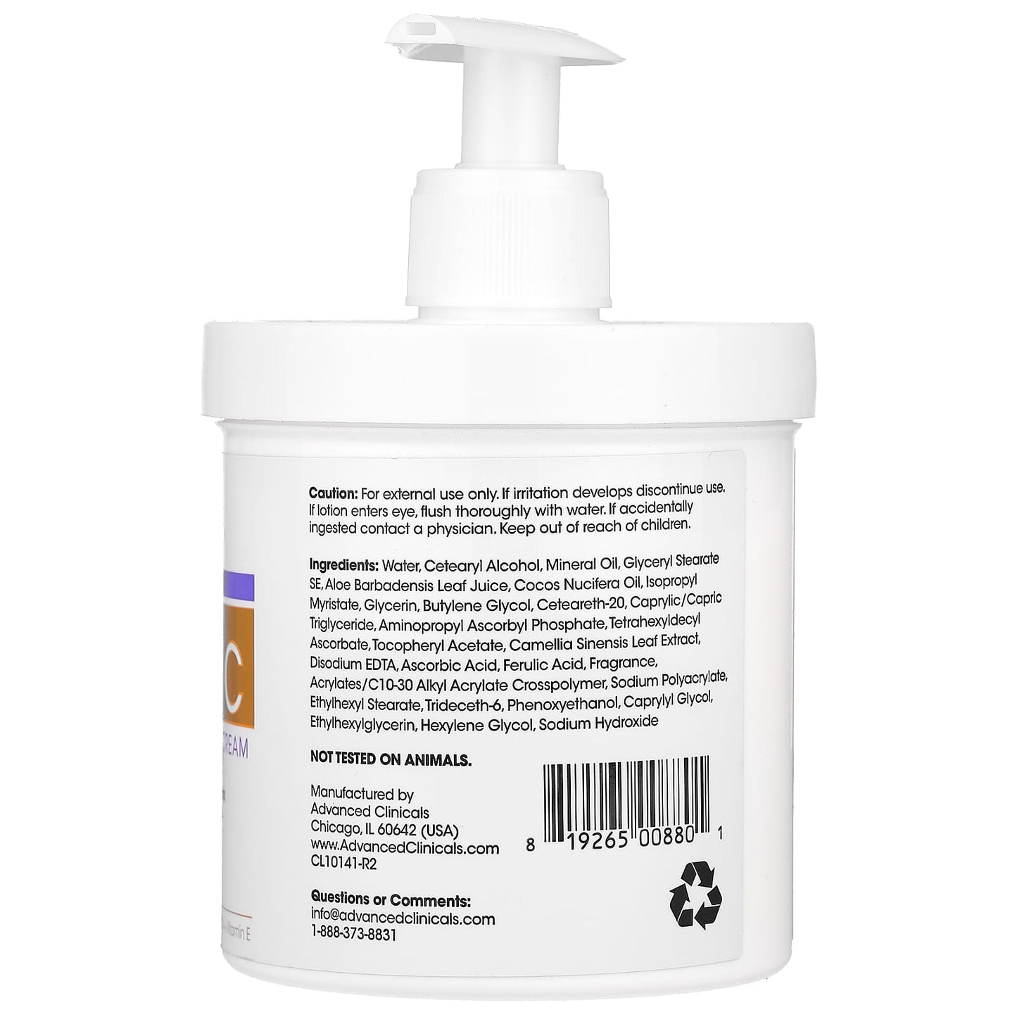 Back view of a skincare product container with text and labels on a white background