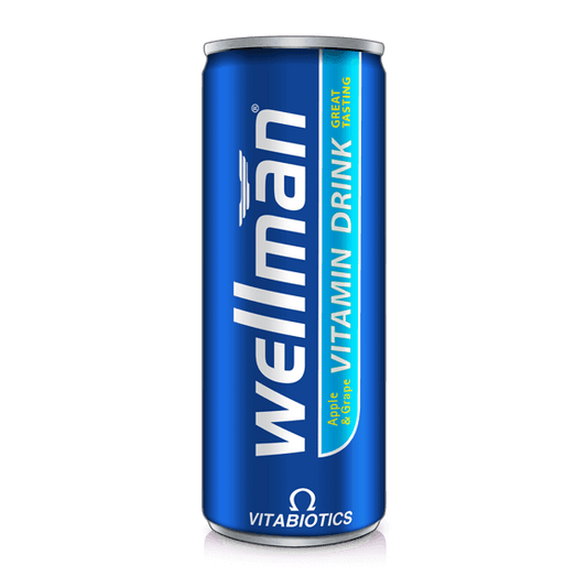 Blue can of Wellman vitamin drink on a black background