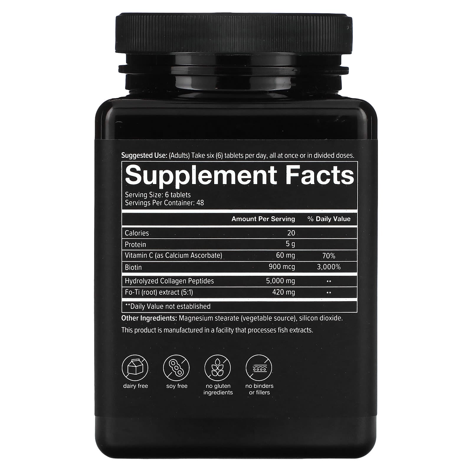 Supplement bottle with black label displaying 'Supplement Facts' on a white background