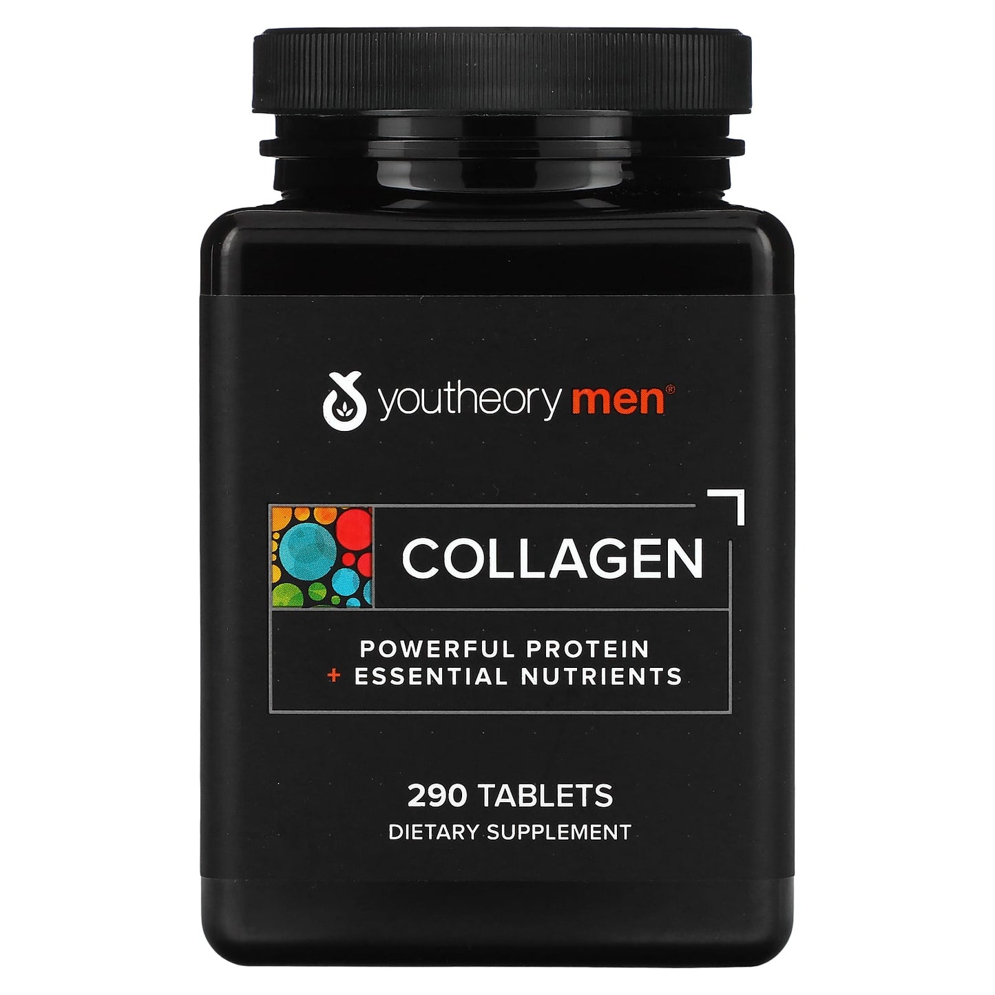 Black supplement bottle labeled 'youtheory men' with collagen and protein text on a white background