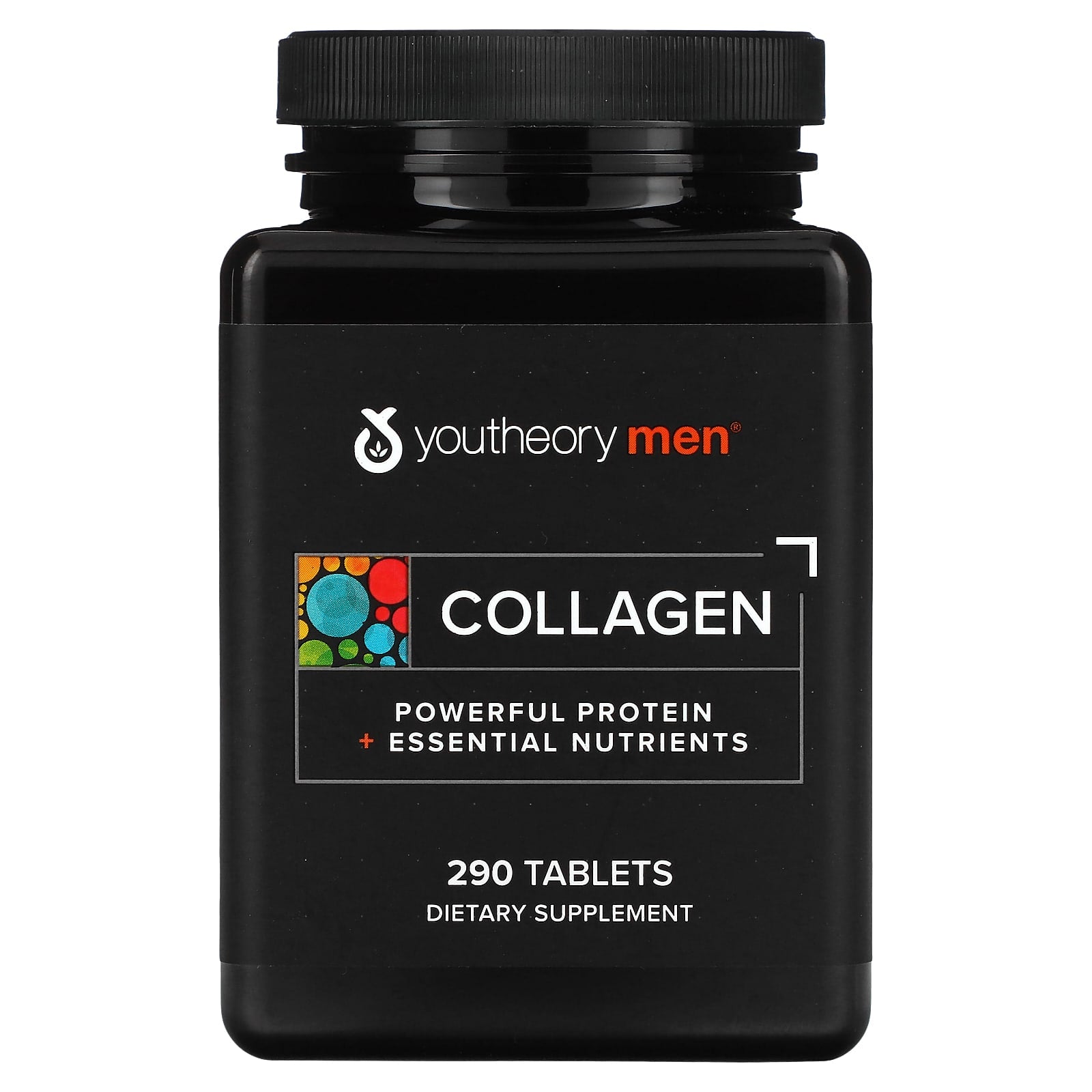 Black supplement bottle labeled 'youtheory men' with collagen and protein text on a white background