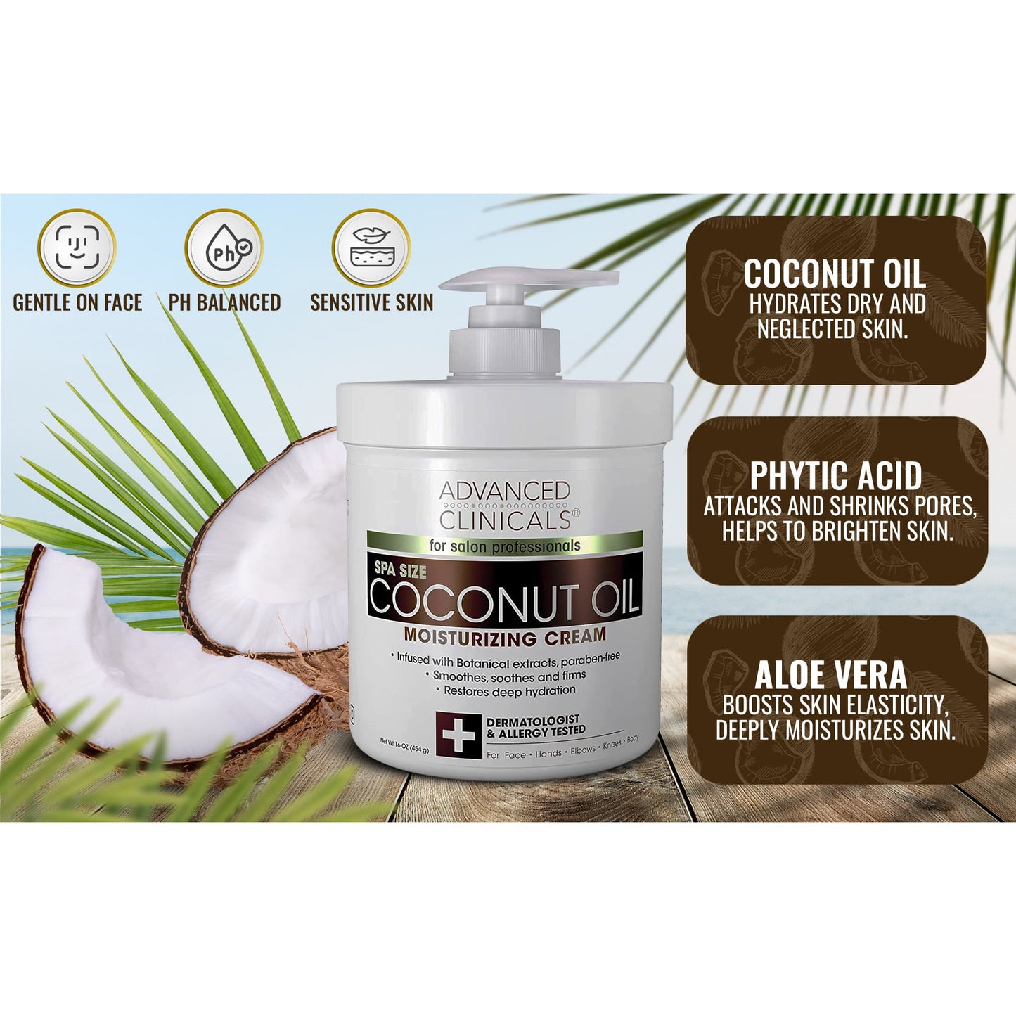 Coconut oil moisturizing cream with coconut and palm leaf background