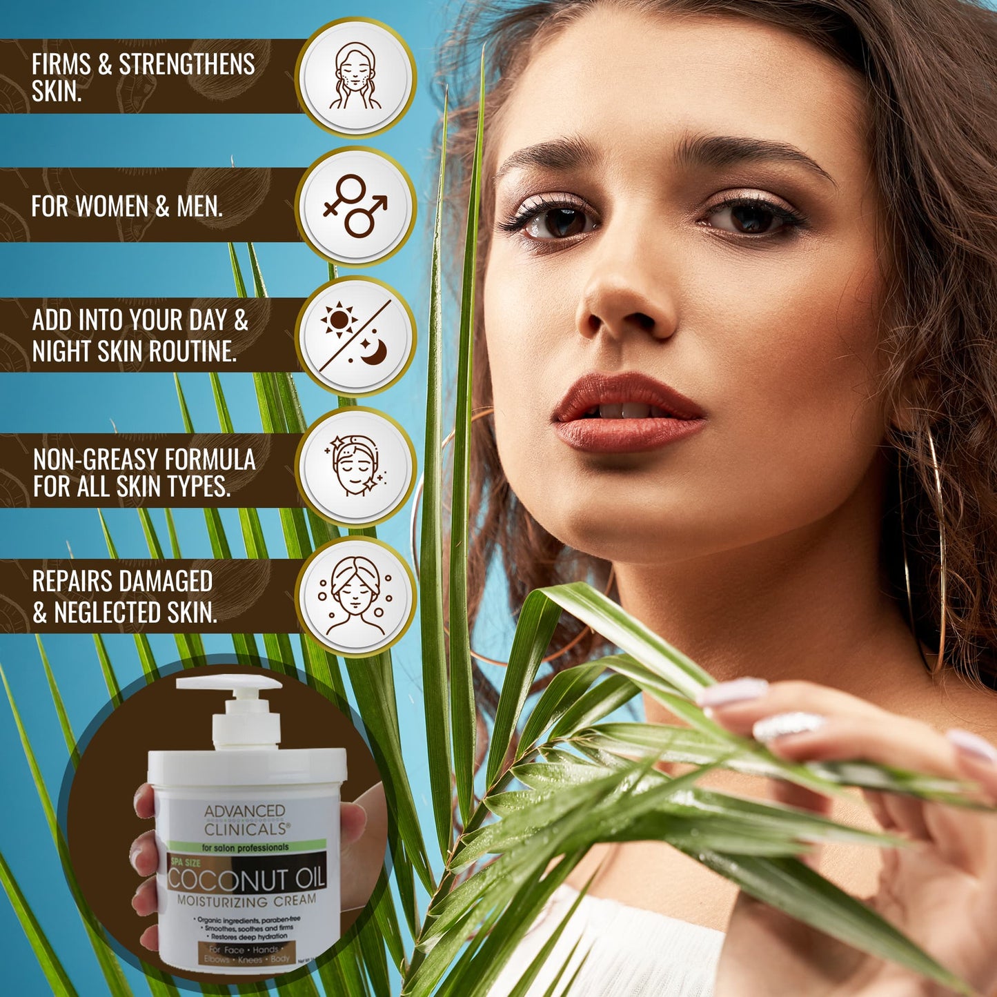 Woman holding a coconut oil moisturizing cream with product features on the left.