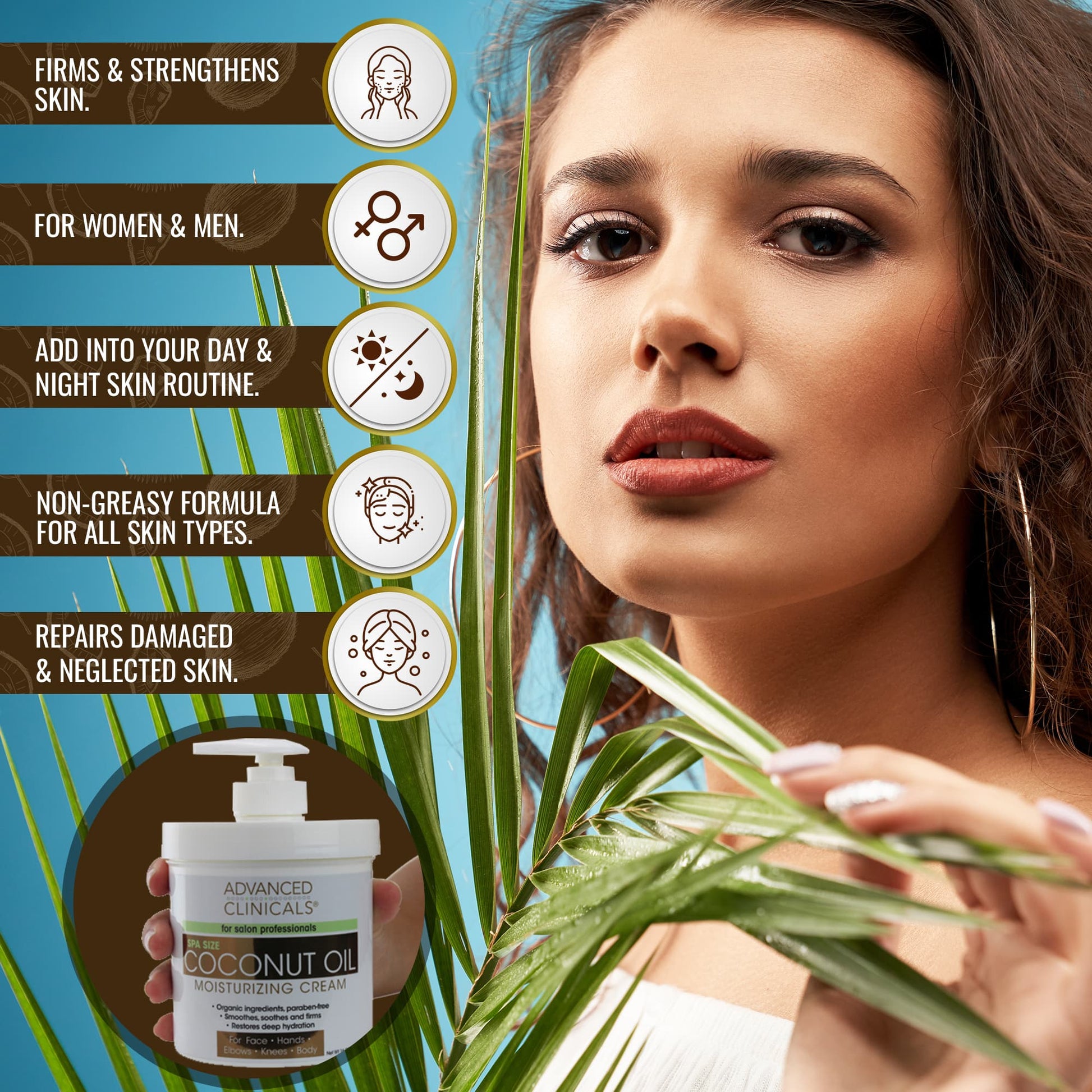 Woman holding a coconut oil moisturizing cream with product features on the left.