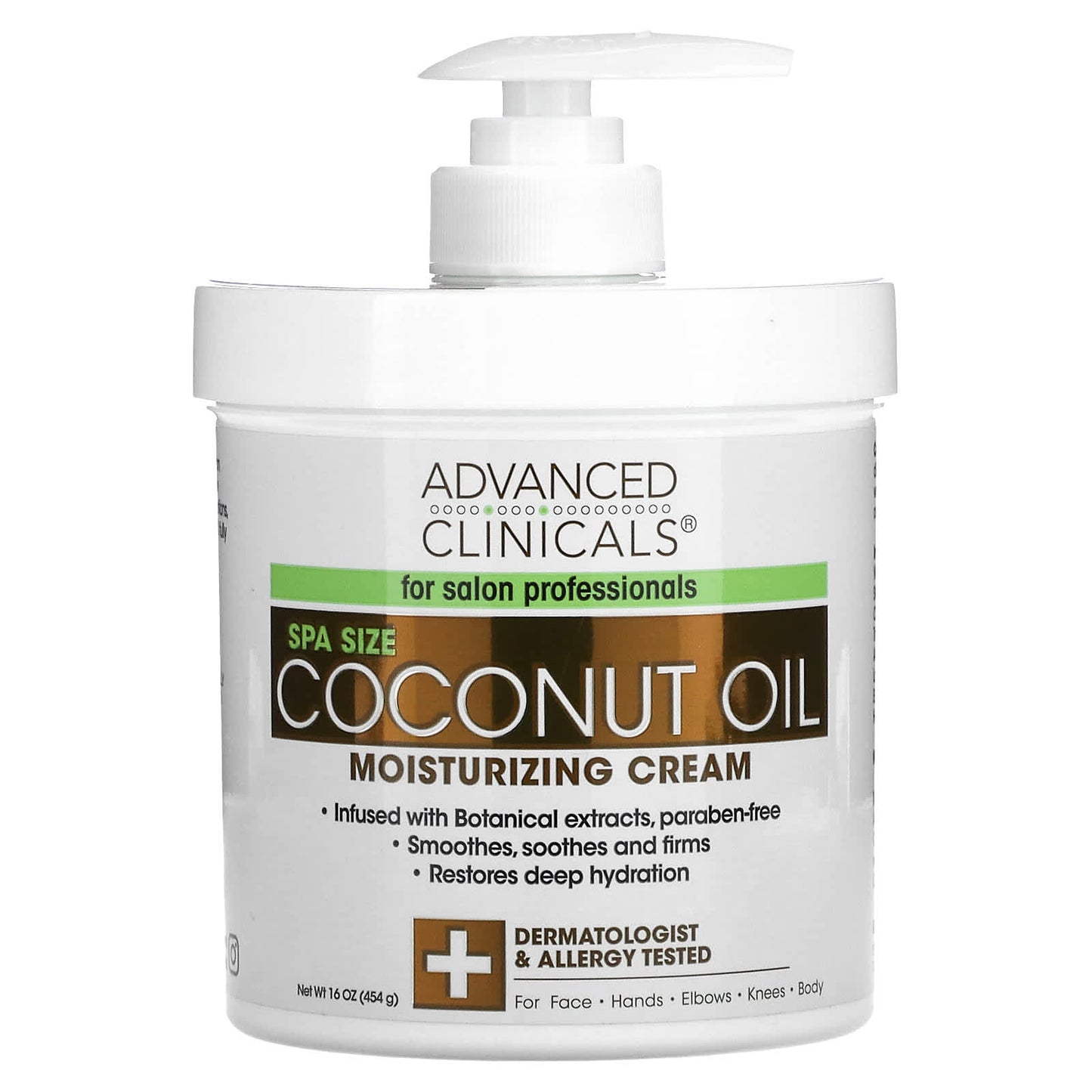 Coconut oil moisturizing cream jar with pump from Advanced Clinicals on a white background
