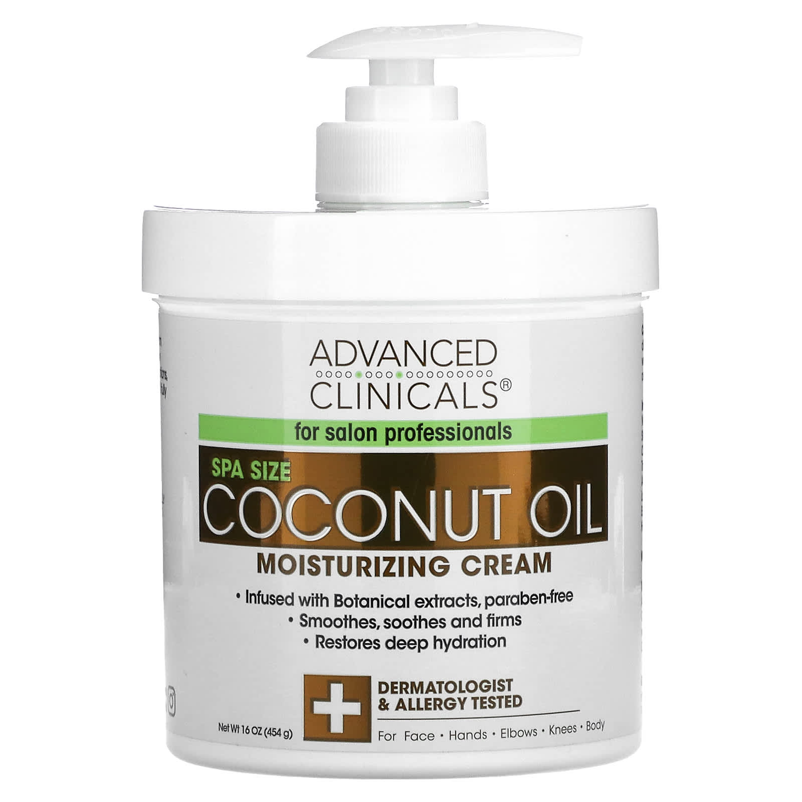 Coconut oil moisturizing cream jar with pump from Advanced Clinicals on a white background