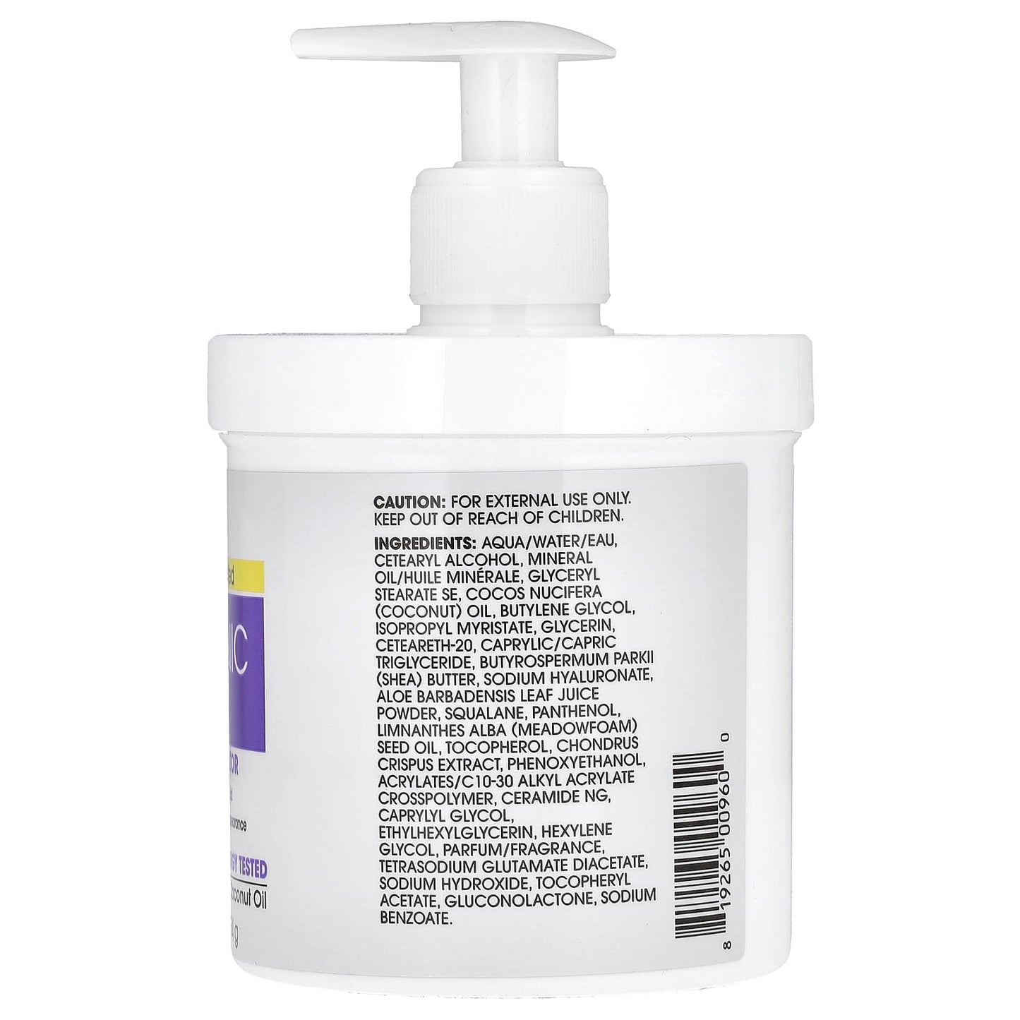 Back view of a skincare product bottle with label and ingredients list on a white background