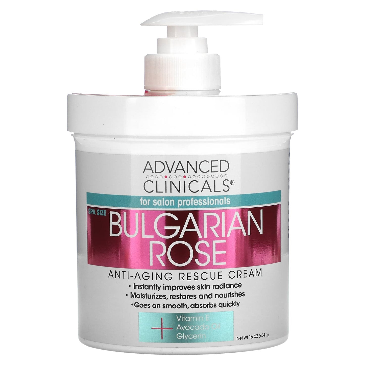 Bottle of Advanced Clinicals Bulgarian Rose Anti-Aging Rescue Cream on a white background